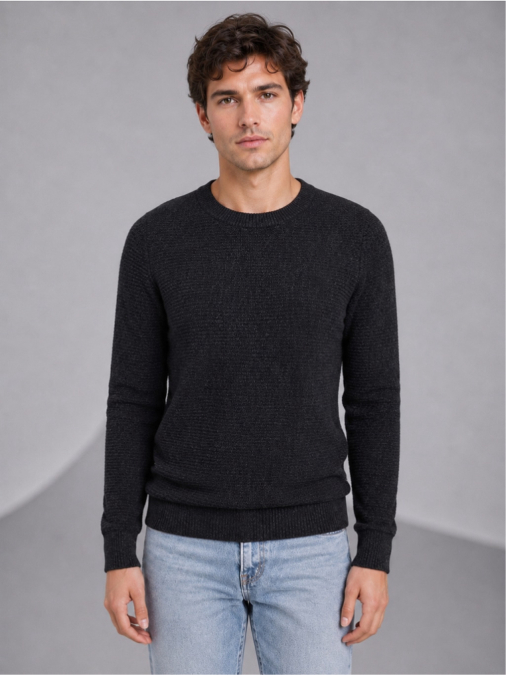 H&M Divided Men’s Black Mélange Textured Knit Crewneck Sweater
